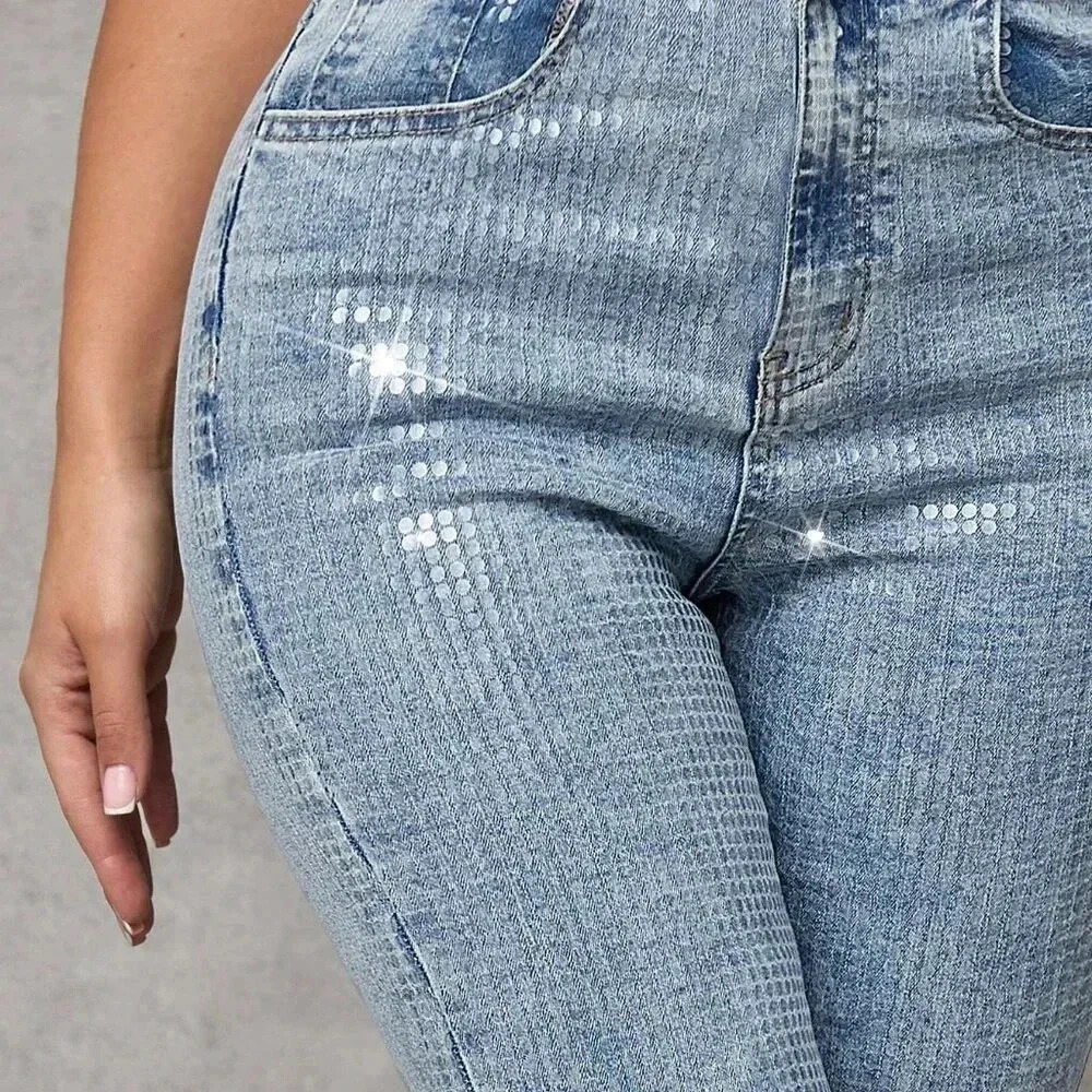 Medium Wash Party Women's Blue Skinny Stretchy Flared Denim Jeans - Picture 5 of 7